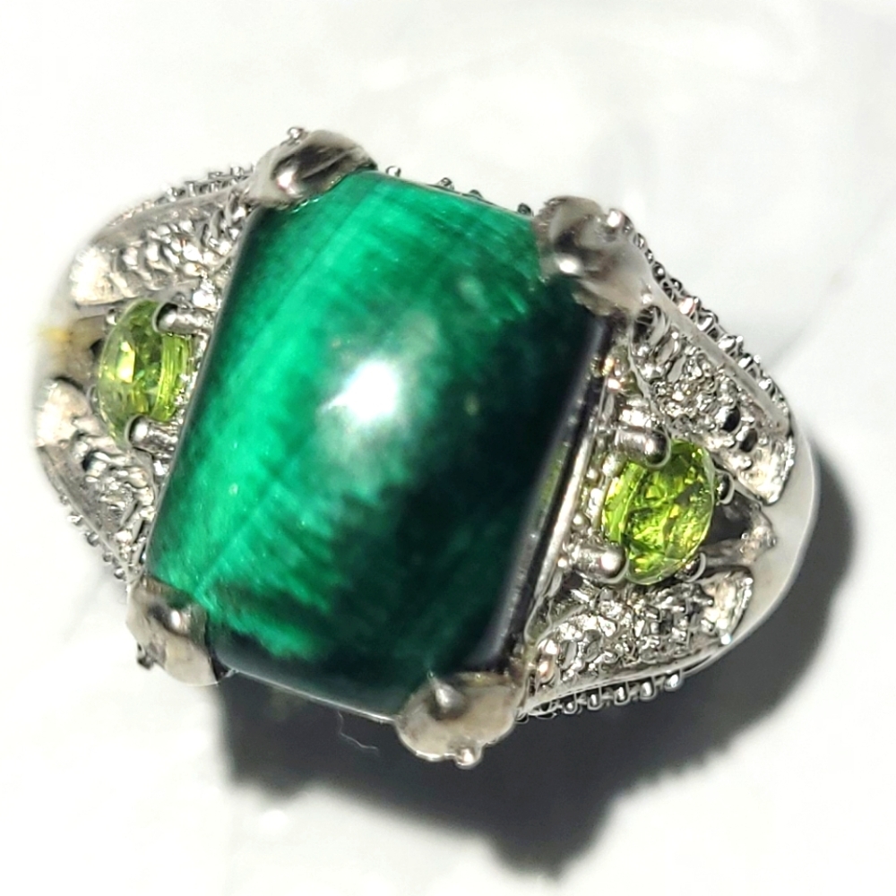 Ring 5 carat Green Malachite 2 .5 Peridot Diamond pave Sterling Silver sz 10